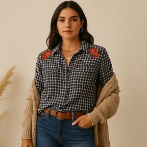 Driftwood Embroidered Plaid Shirt Women L Navy Floral Western Boho Button Down
